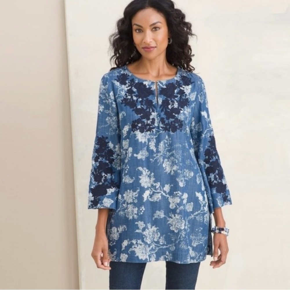 Chicos Embroidered Denim Tunic Top Womens 1 US 8 /M Tencel Chambray Boho Blue